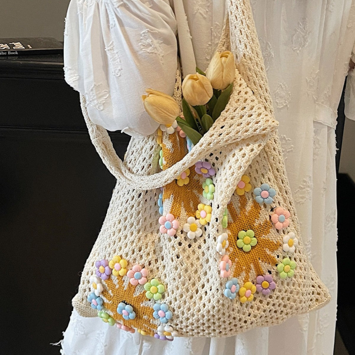 Women New Forest Fresh Hollow Knit Large Artistic Beach Shoulder Bag
