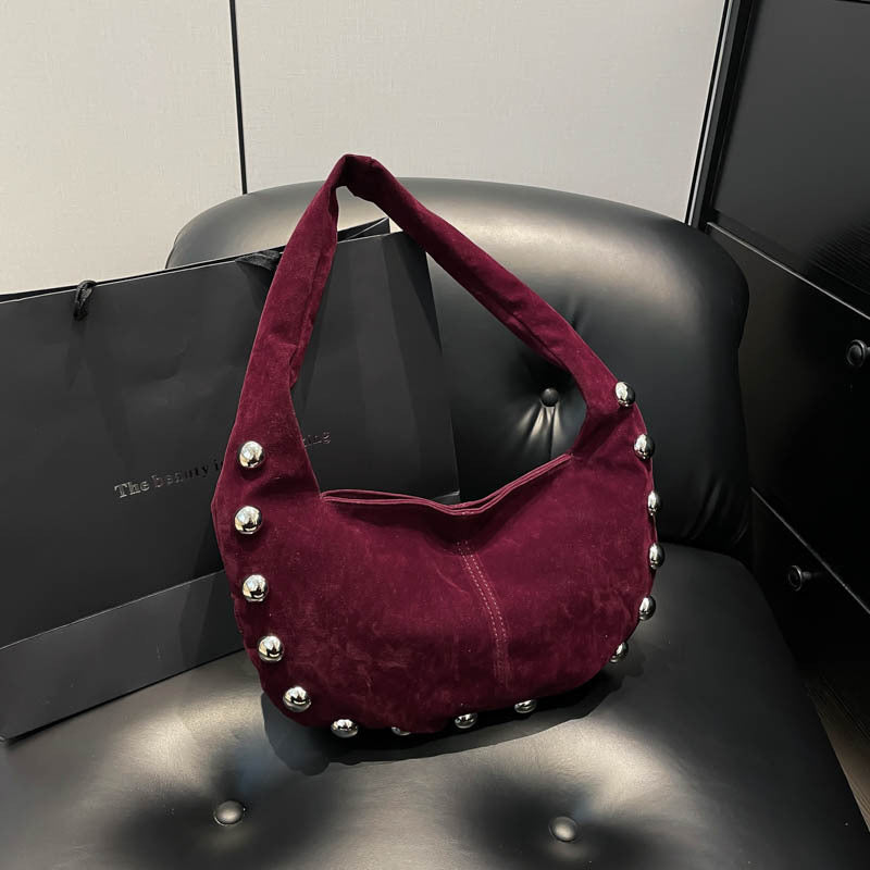 Suede Studded Hobo Shoulder Bag
