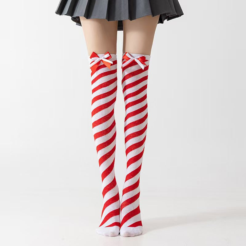 Halloween Christma Striped Thigh High Socks with Satin Bow