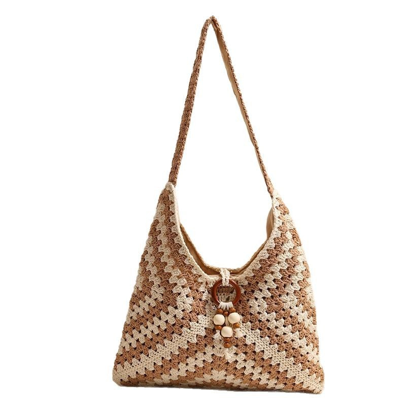 Ethnic One-Shoulder Cotton Woven Plaid Straw Beach Bag