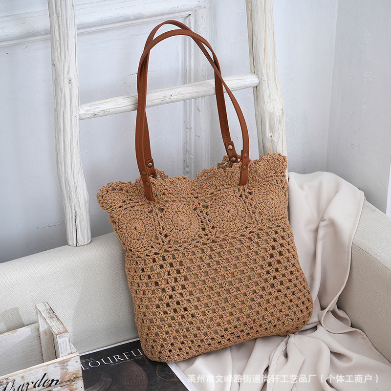2026 Woven Straw Crochet Hollow Flower Large Capacity Beach Vacation Shoulder Bag