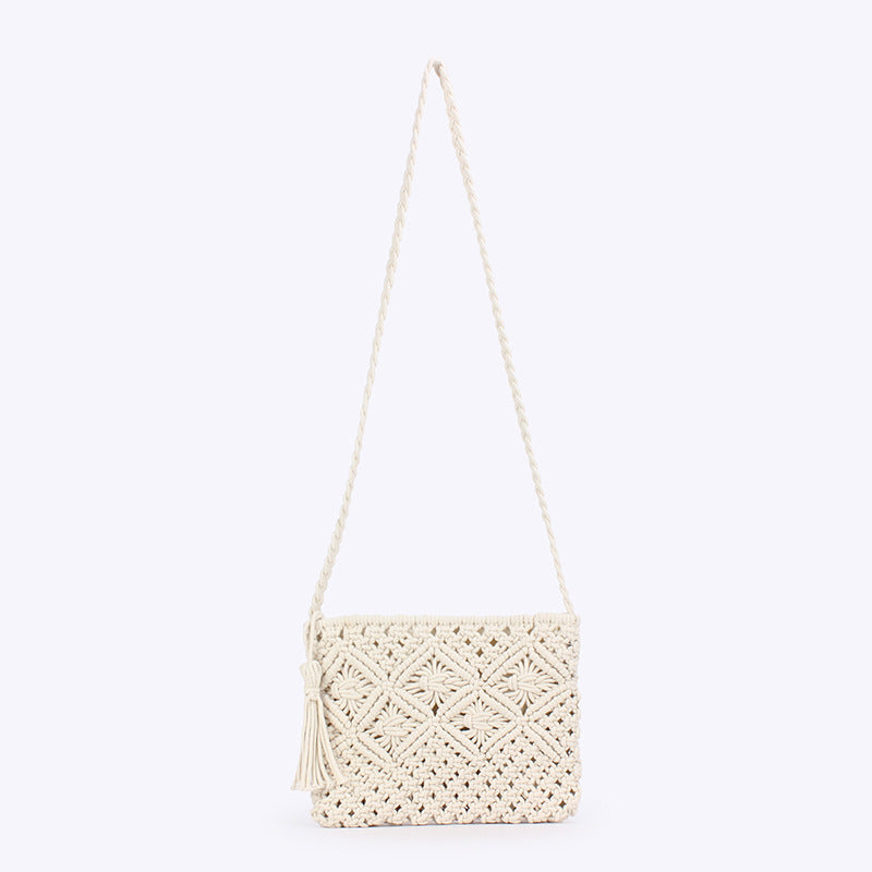 Women Retro Tassel Cotton Rope Woven Crossbody Beach Bag