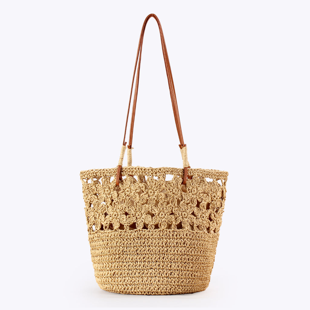 Crochet Paper Openwork Floral Shoulder Straw Tote Bag