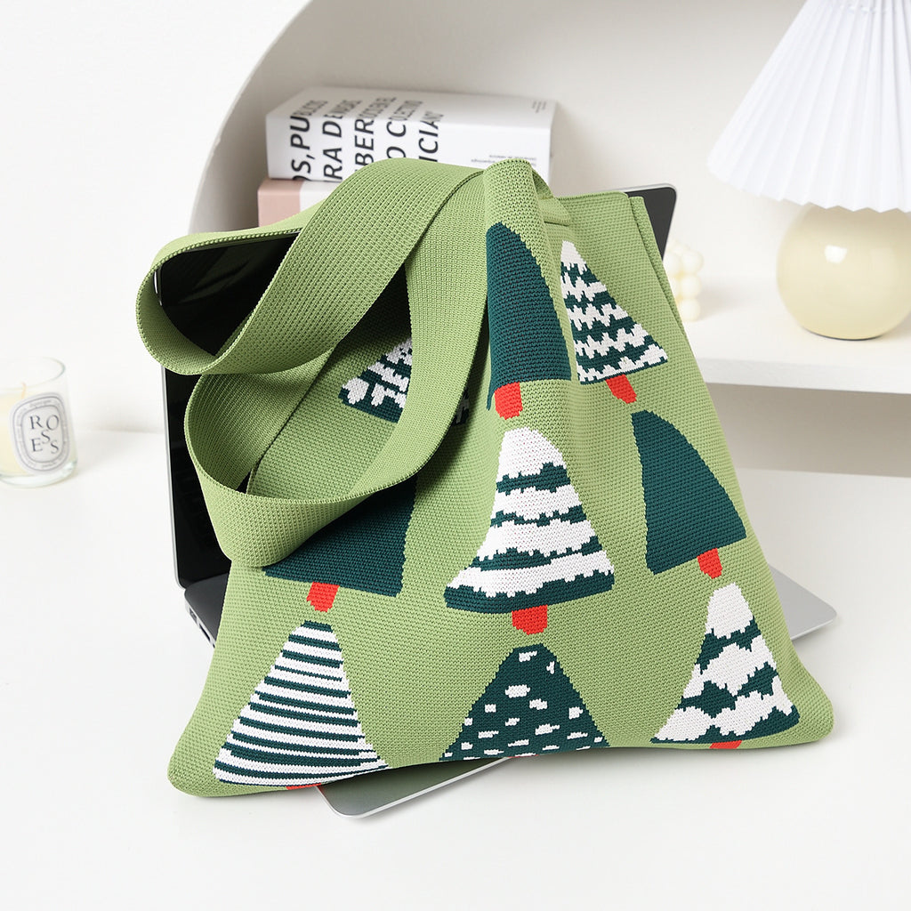 Christmas Tree Graphic Knit Wide Straps Tote Bag