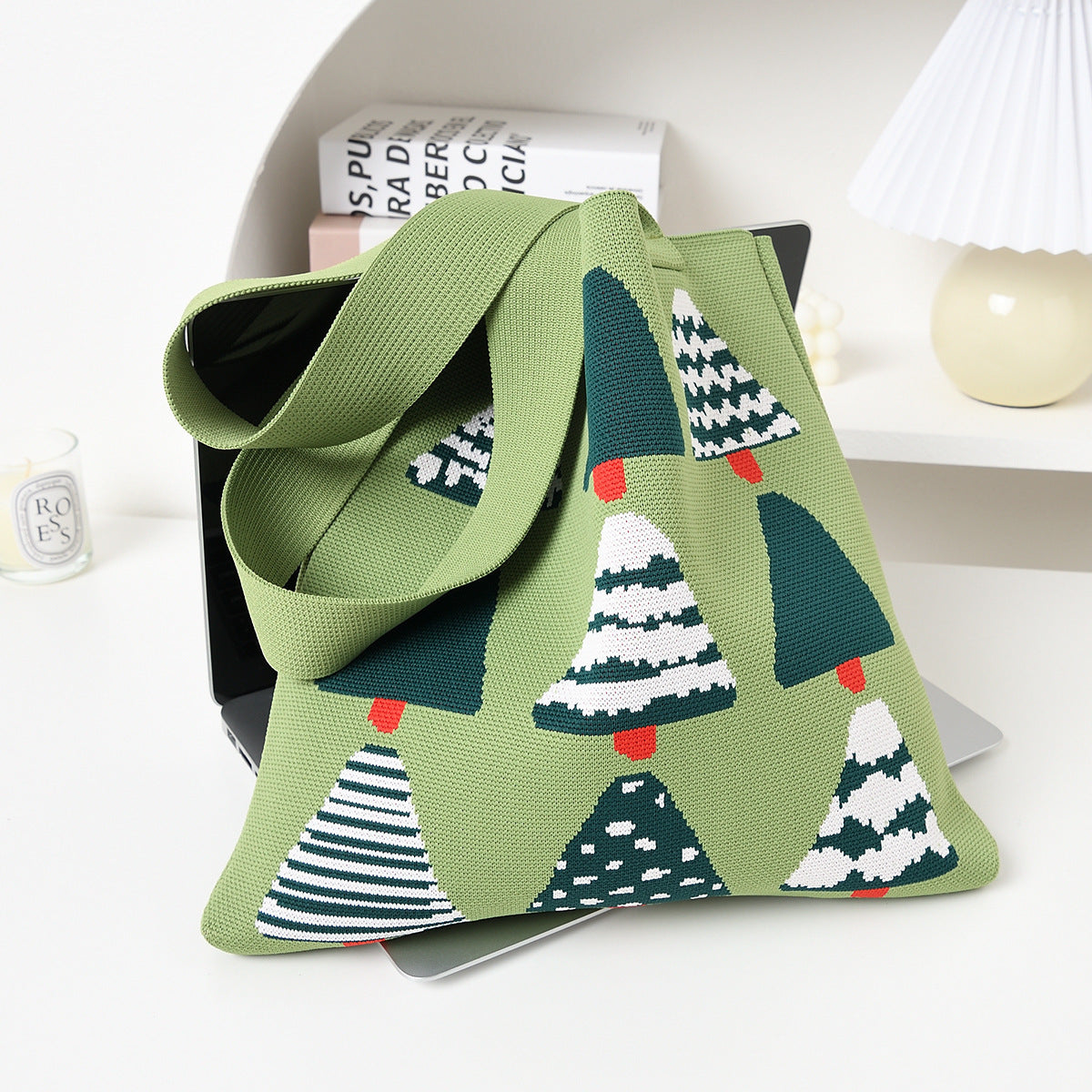 Christmas Tree Graphic Knit Wide Straps Tote Bag
