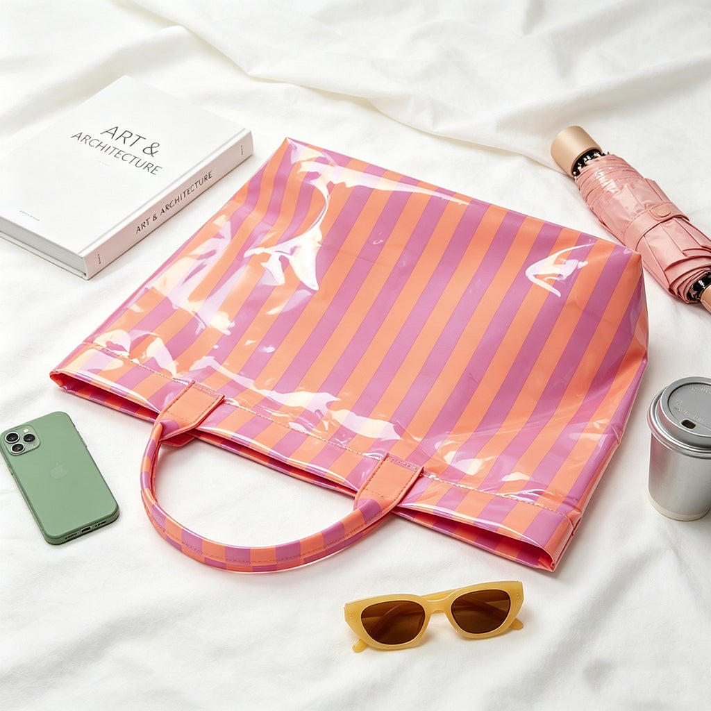 Pvc Glossy Tote Bag Large Capacity Waterproof Striped Handbag Outdoor Travel Beach Bag Mlb2026