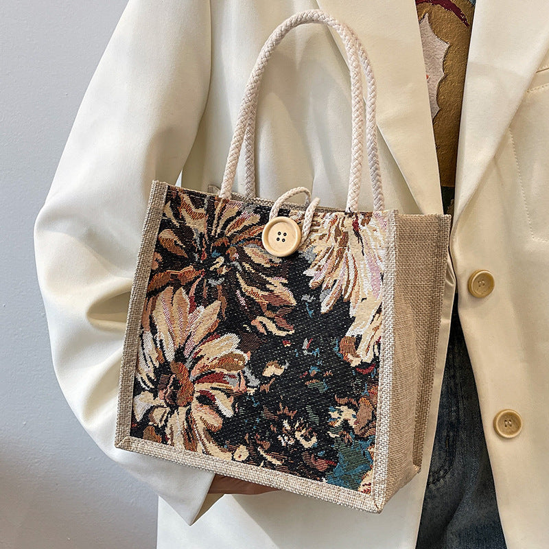 Women Linen Canvas Lunch Bag Handheld
