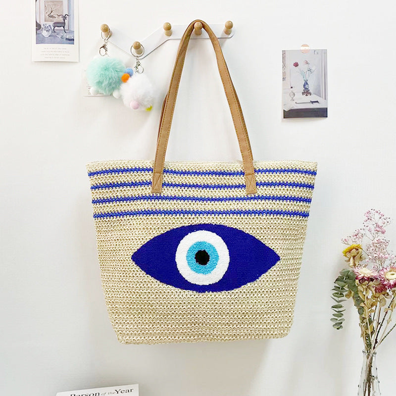 Striped Letter Large Capacity Straw Beach Bag