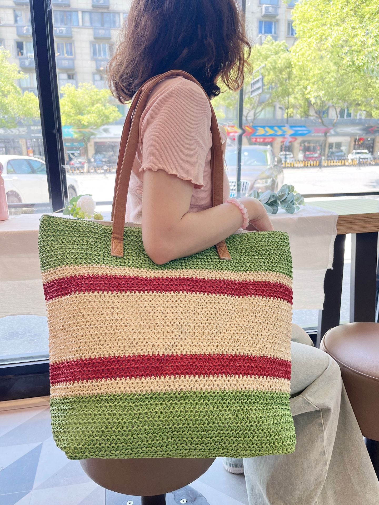 Rainbow Stripe Contrast Color Woven Straw Beach Bag