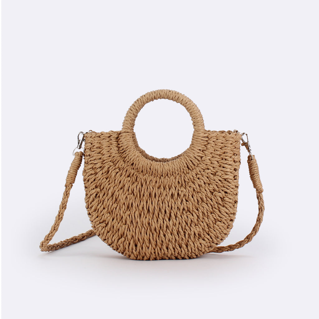 Simple Ins Popular Semi-Circle Straw Bag Beach Handwoven Bag Vacation Travel Hand-Carry Cross-Body Dual-Use Bag