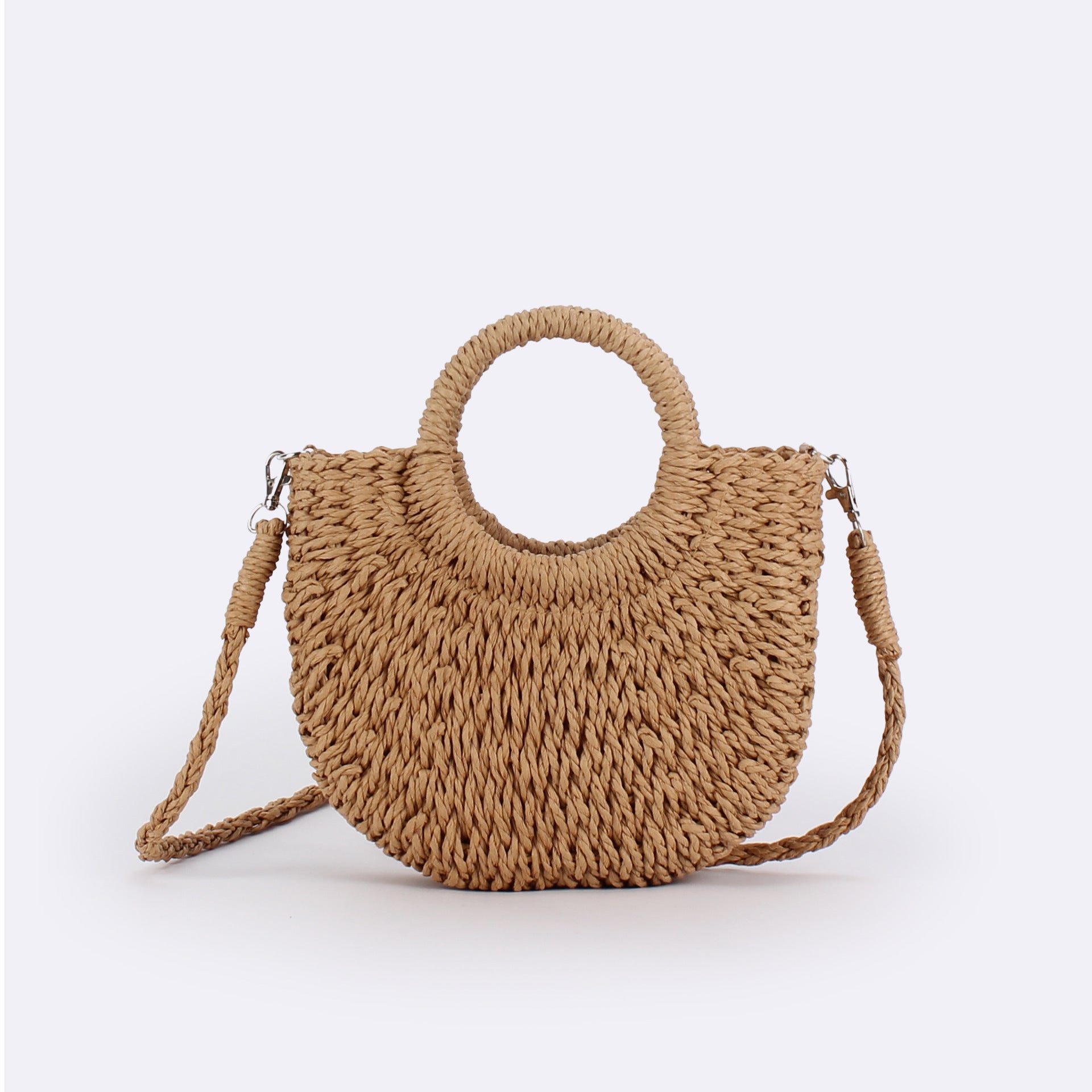 Simple Ins Popular Semi-Circle Straw Bag Beach Handwoven Bag Vacation Travel Hand-Carry Cross-Body Dual-Use Bag