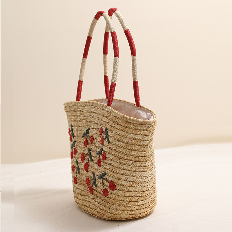 Unique Embroidered Cherry Shoulder Straw New Large Beach Bag