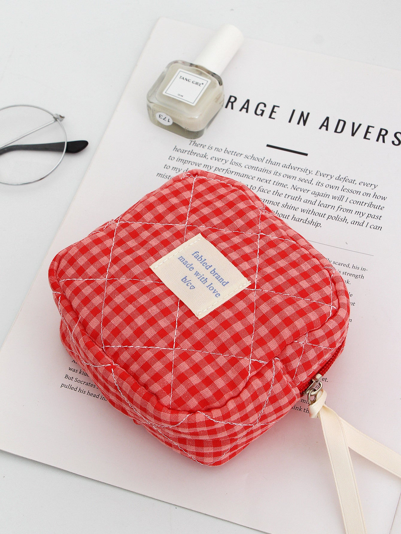 Red Plaid Quilted Large Capacity Cosmetic Bag
