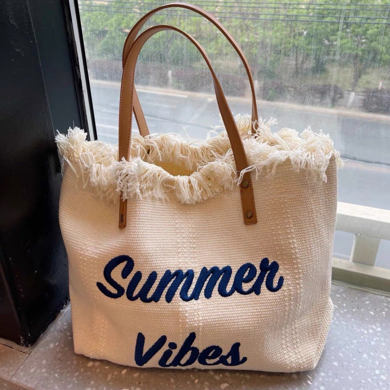 Women Large Canvas Embroidered Letter Tote Handheld Woven Beach Bag