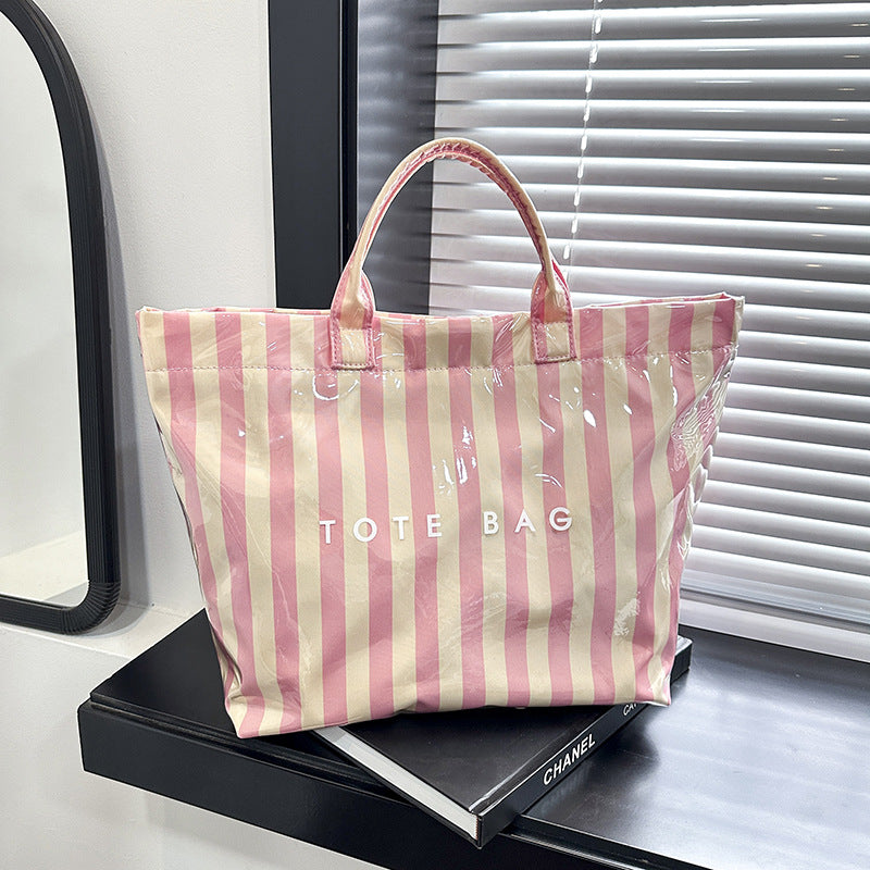 Striped PVC Canvas Large Capacity Tote Bag