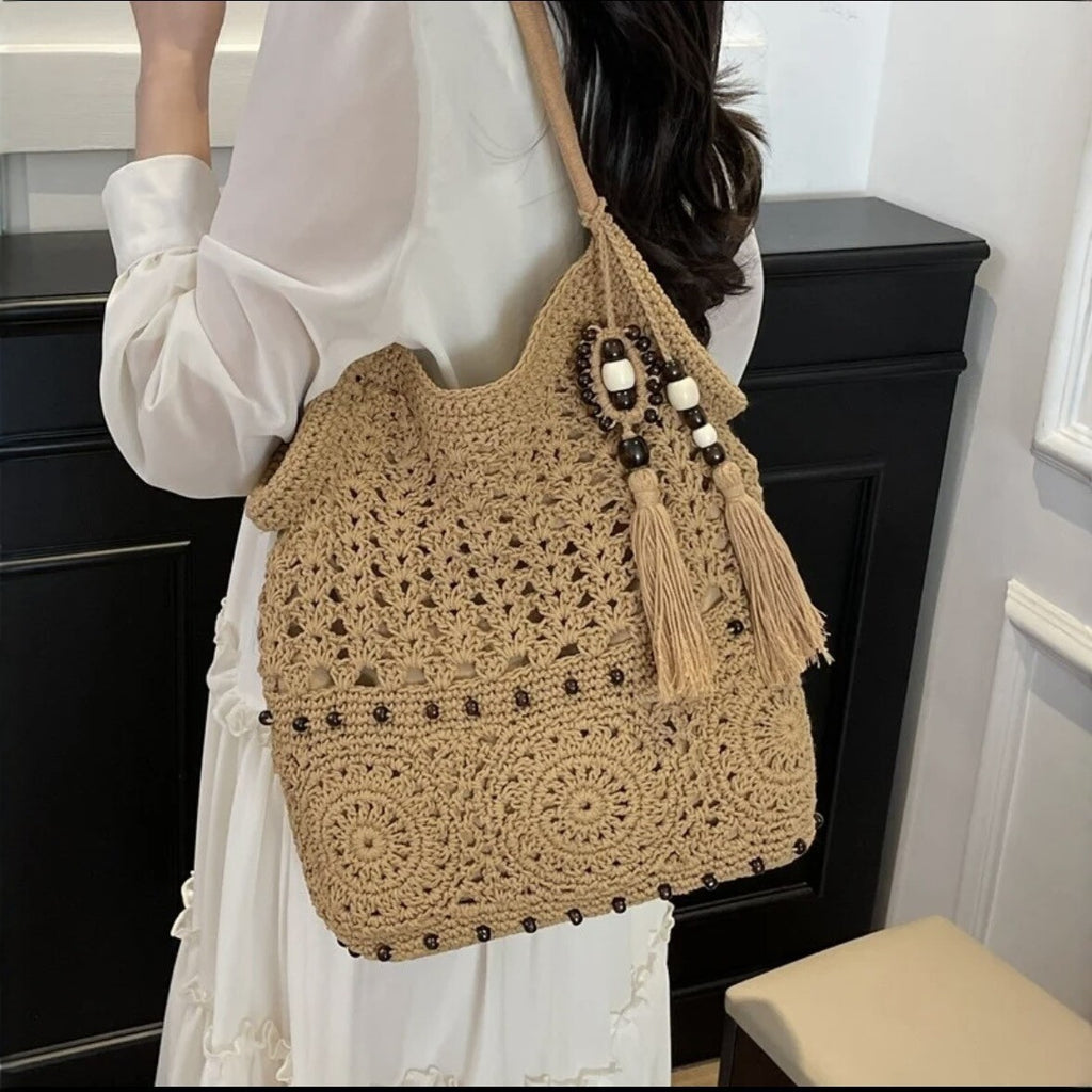White Woven Hollow Tassel Detail Large Capacity Shoulder Tote Bag