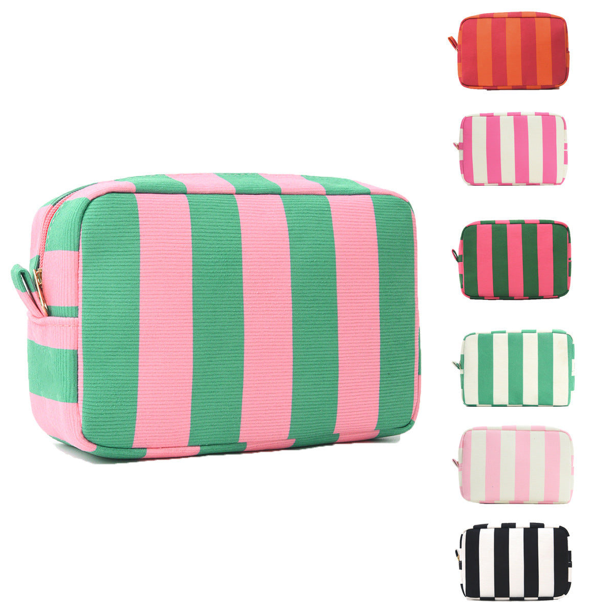 Corduroy Contrast Stripe Vertical Large Opening Octagonal Cosmetic Bag