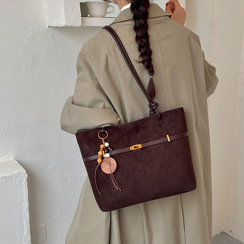 Suede Structured Buckle Detail Handbag with Long Shoulder Strap
