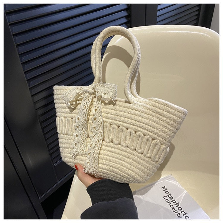 Women Bow Straw Woven Bucket Shoulder Tote Bag