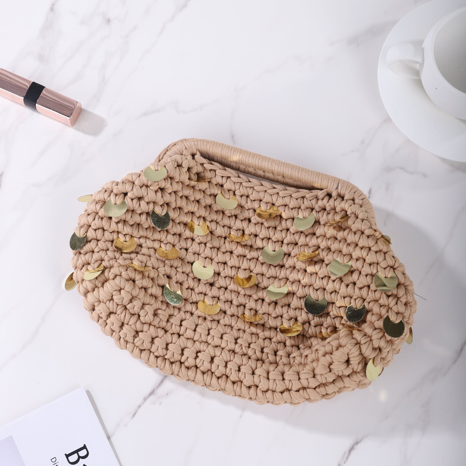 Boho Handwoven Sequin Crochet Top Handle Clutch Bag