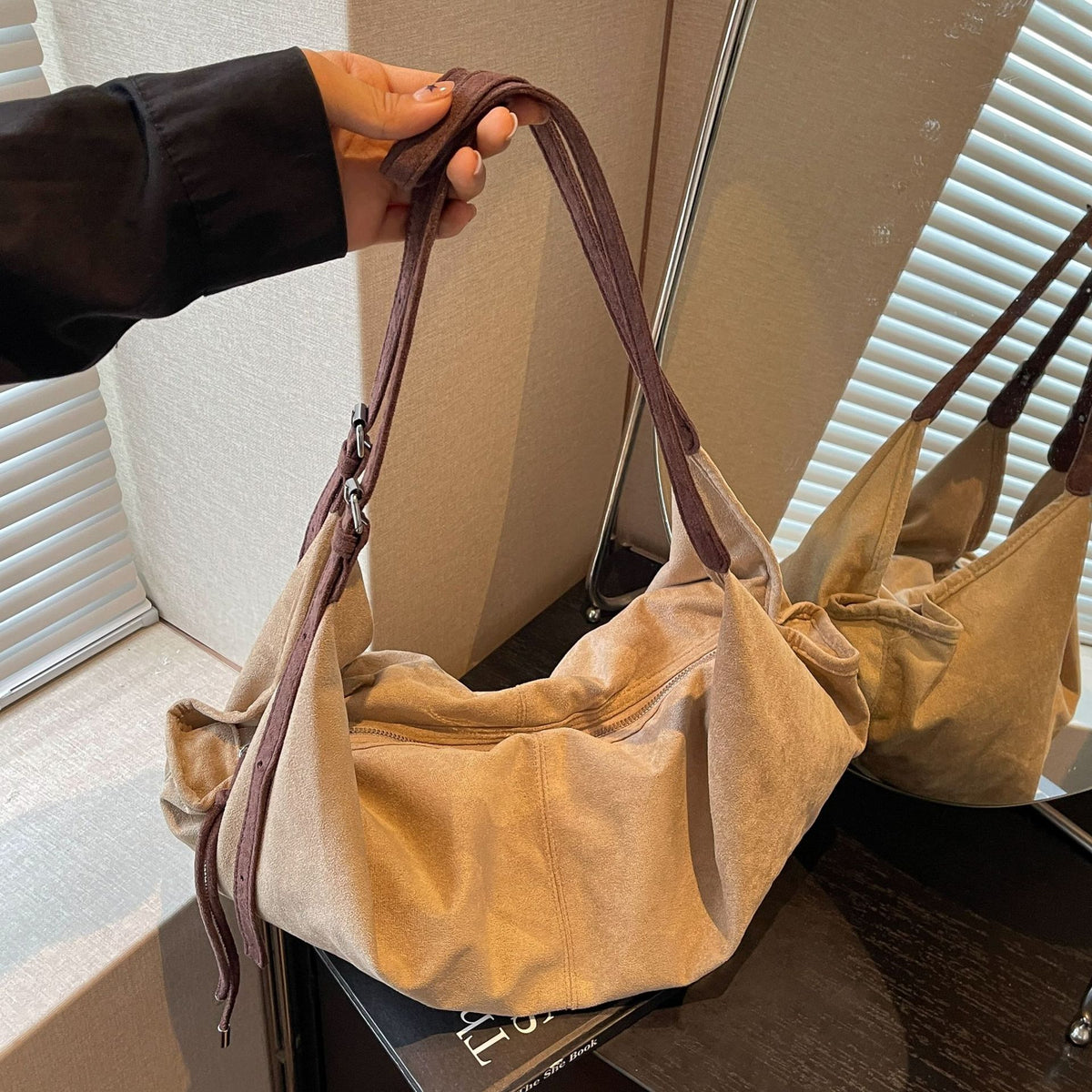 Soft Suede Look Slouchy Hobo Shoulder Bag