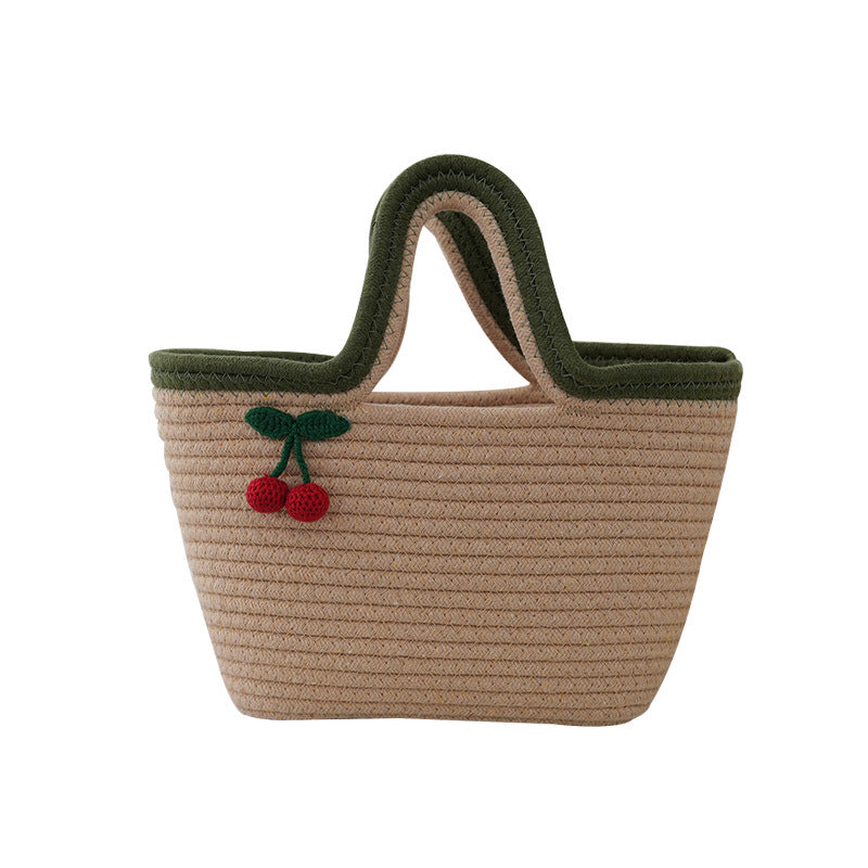 Cotton Rope Woven Cherry Picnic Handbag