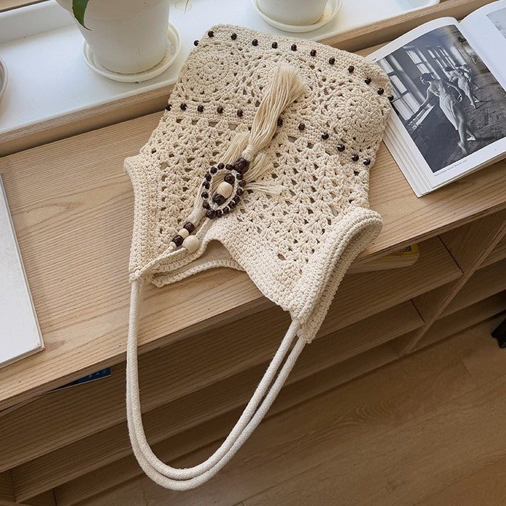 Wooden Beads Tassel Cotton Woven Hollow Straw Beach Bag