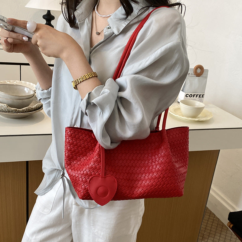 Woven PU Leather Shoulder Tote Bag with Heart Charm