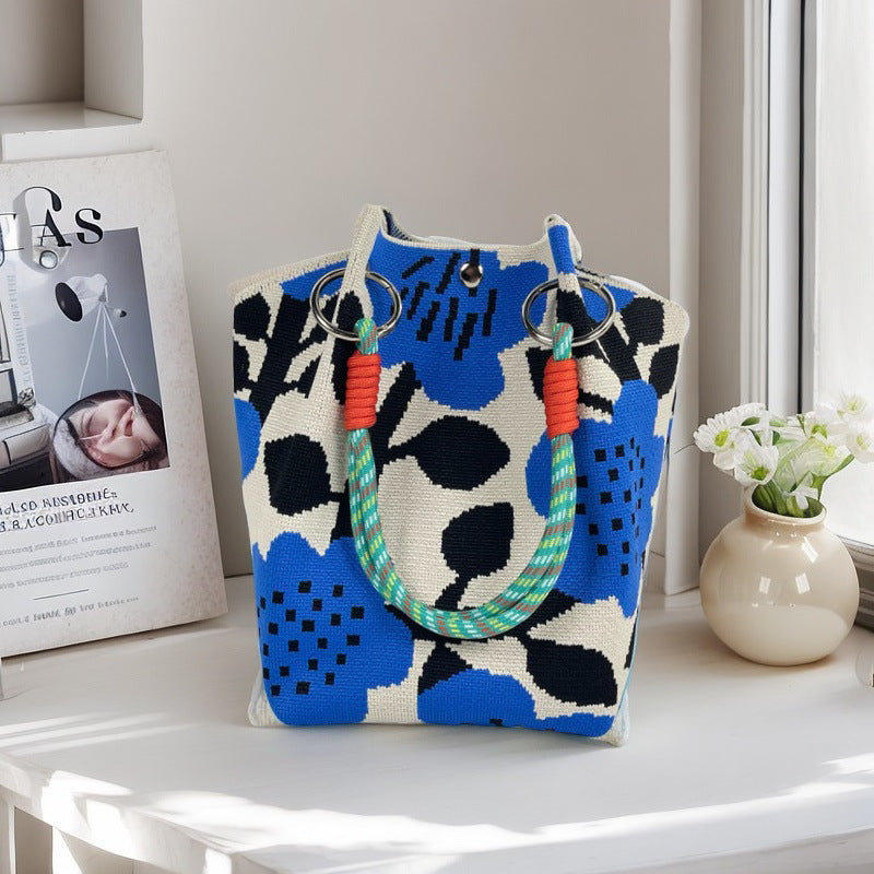 Graphic Jacquard Ring Handle Bucket Tote Bag
