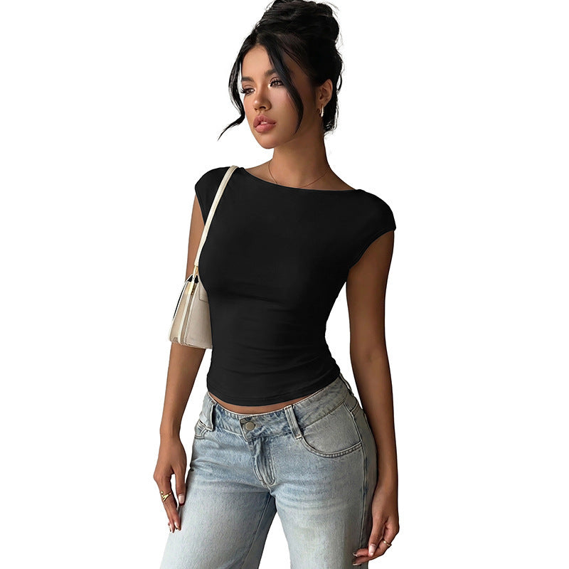 Women 2026 Summer New Short Sleeve Backless Patchwork Lace Knit Top