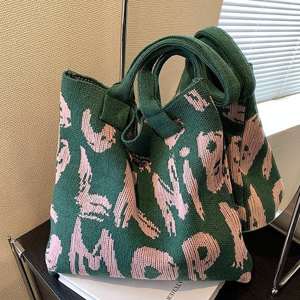Graphic Letter Knit Tote with Reinforced Straps