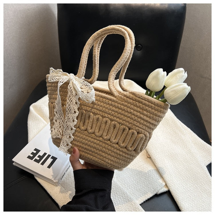 Women Bow Straw Woven Bucket Shoulder Tote Bag