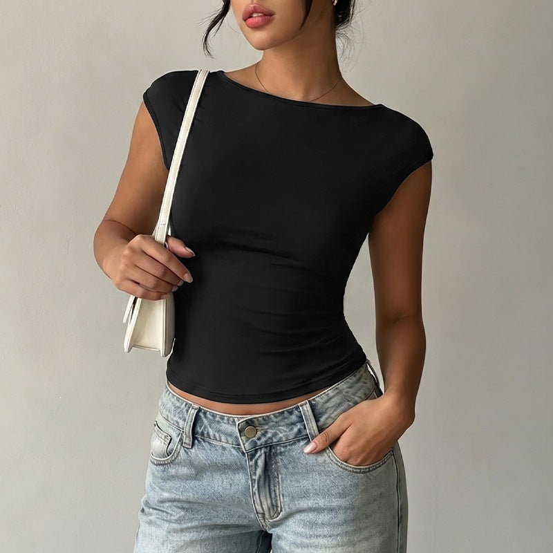 Women 2026 Summer New Short Sleeve Backless Patchwork Lace Knit Top