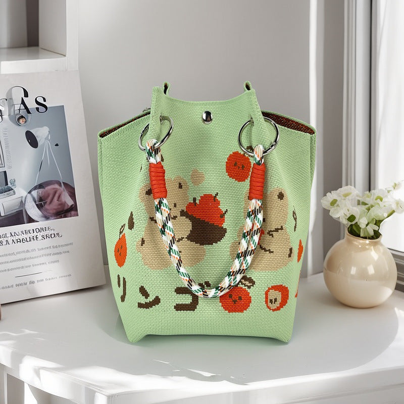 Graphic Jacquard Ring Handle Bucket Tote Bag