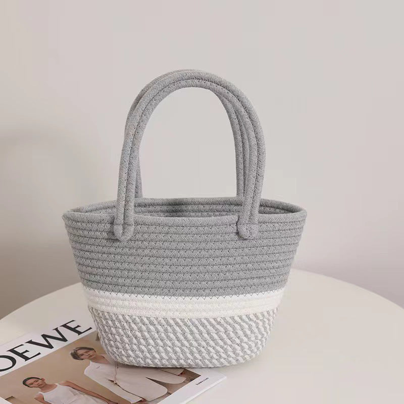 Retro Striped Cotton Woven Straw Detail Vacation Beach Handheld Basket Bag