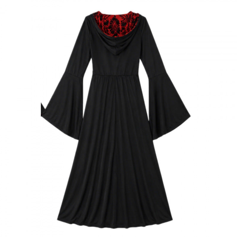 Halloween Gothic Medieval Maxi Dress with Red Brocade Panel