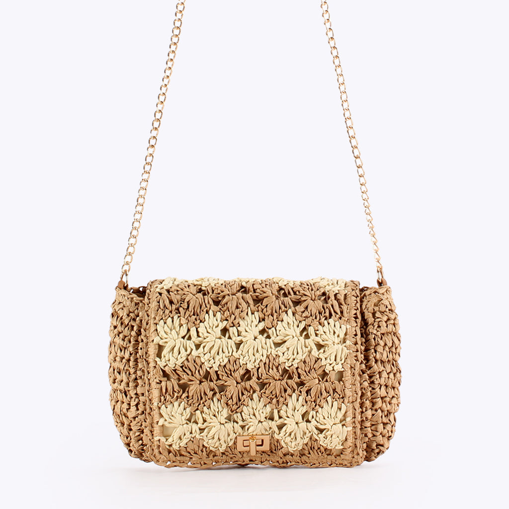 Handwoven Paper Straw Crochet Crossbody Bag with Chain Strap