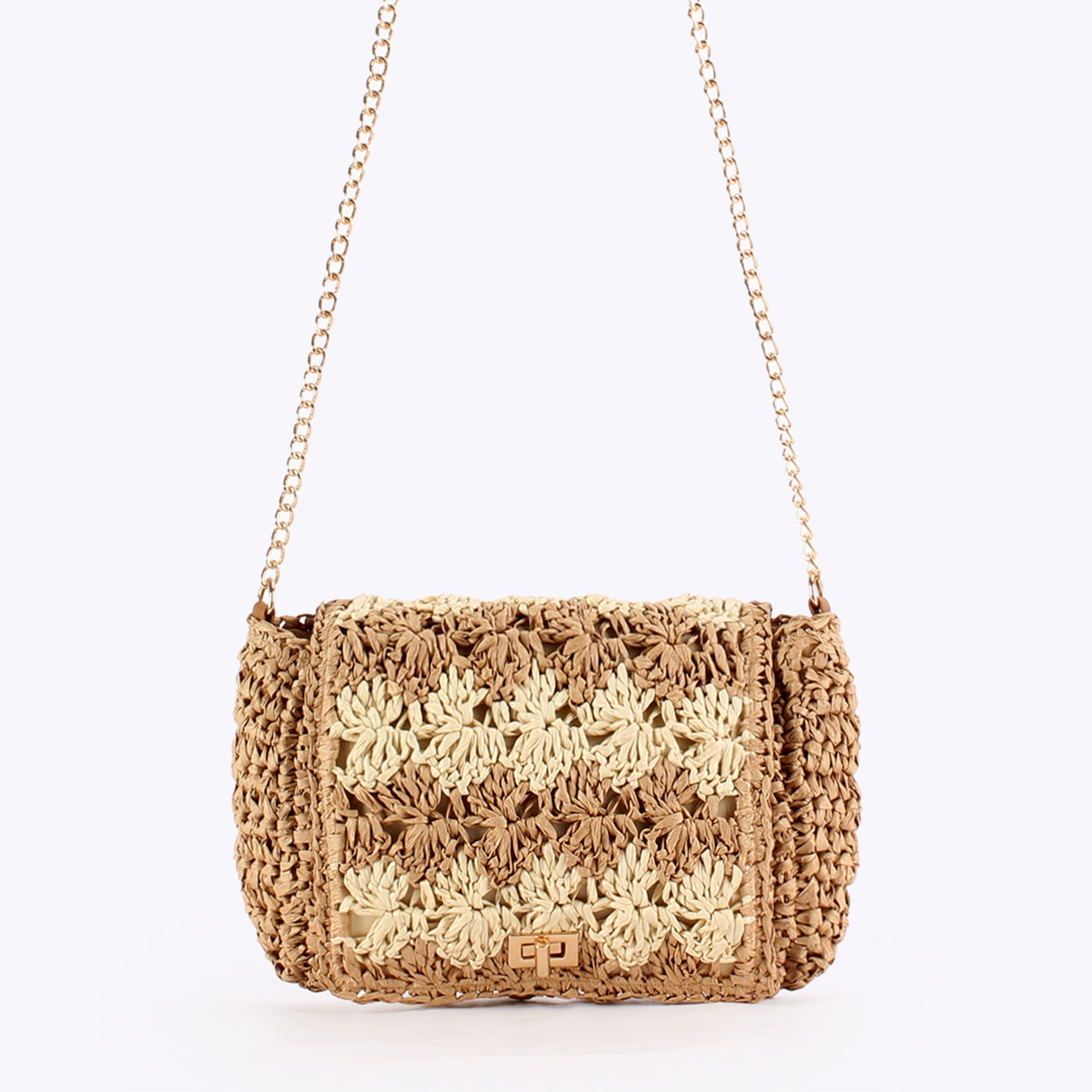 Handwoven Paper Straw Crochet Crossbody Bag with Chain Strap