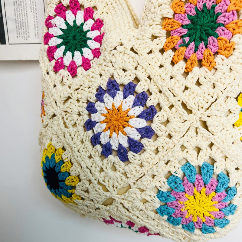 Women Fashion Crocheted Paper Shoulder Bag, Sunflower Hollow Cotton Woven Bag