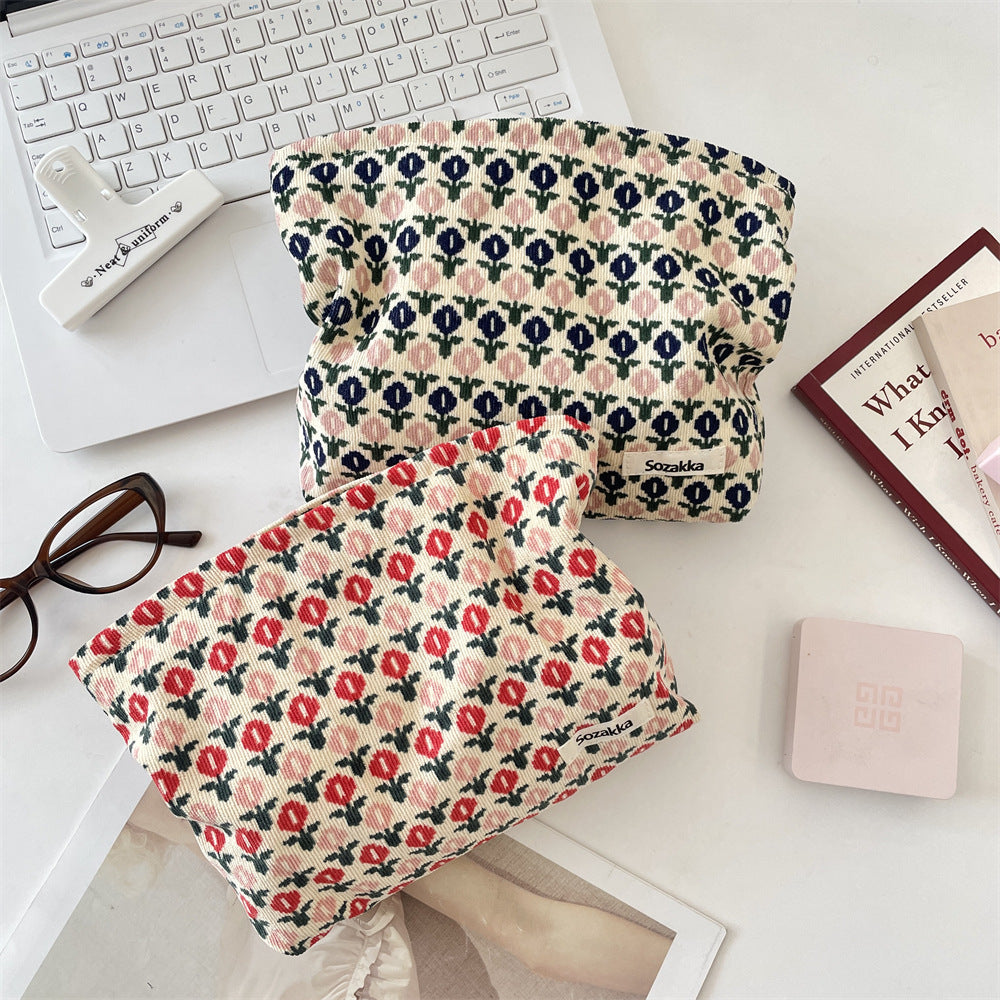 Corduroy Retro Flower Portable Cosmetic Bag