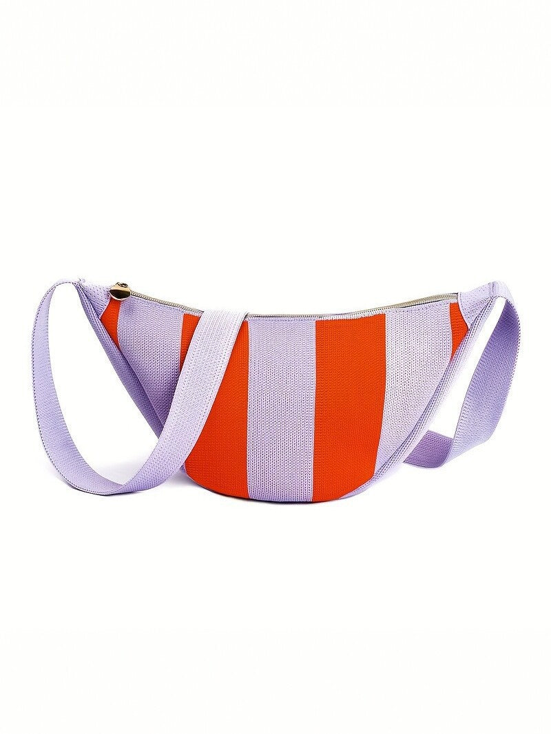 Striped Crescent Shoulder Bag with Zipper Closure