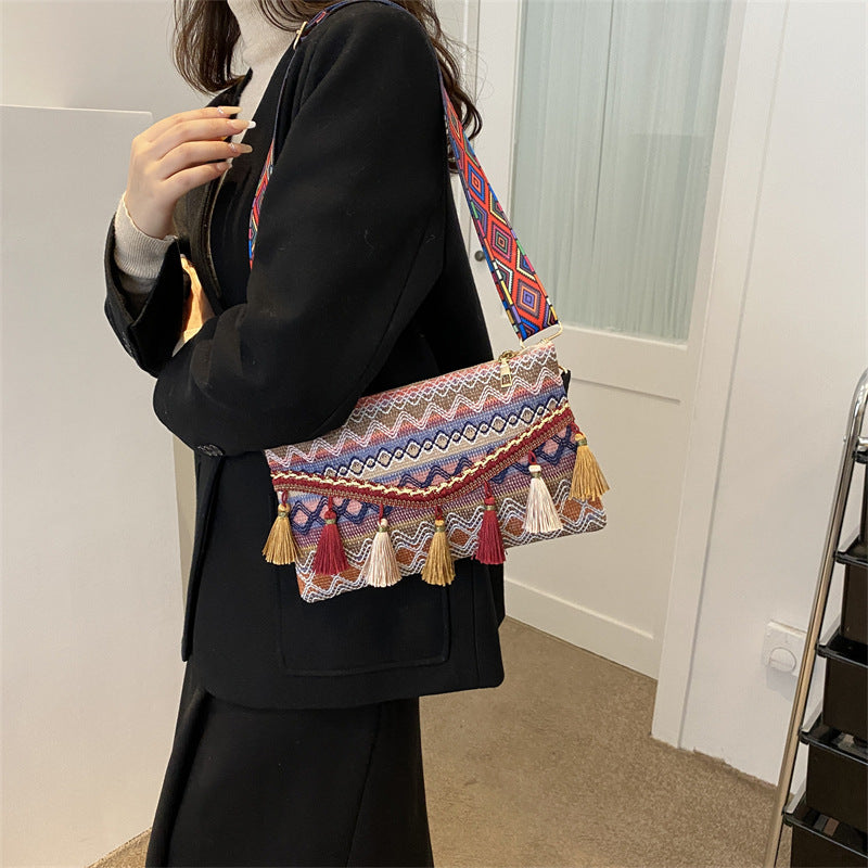Ethnic Tassel Shoulder Tote Crossbody Bag