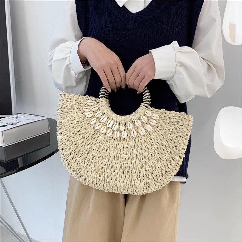 Semicircle Straw Woven Shell Beach Bag
