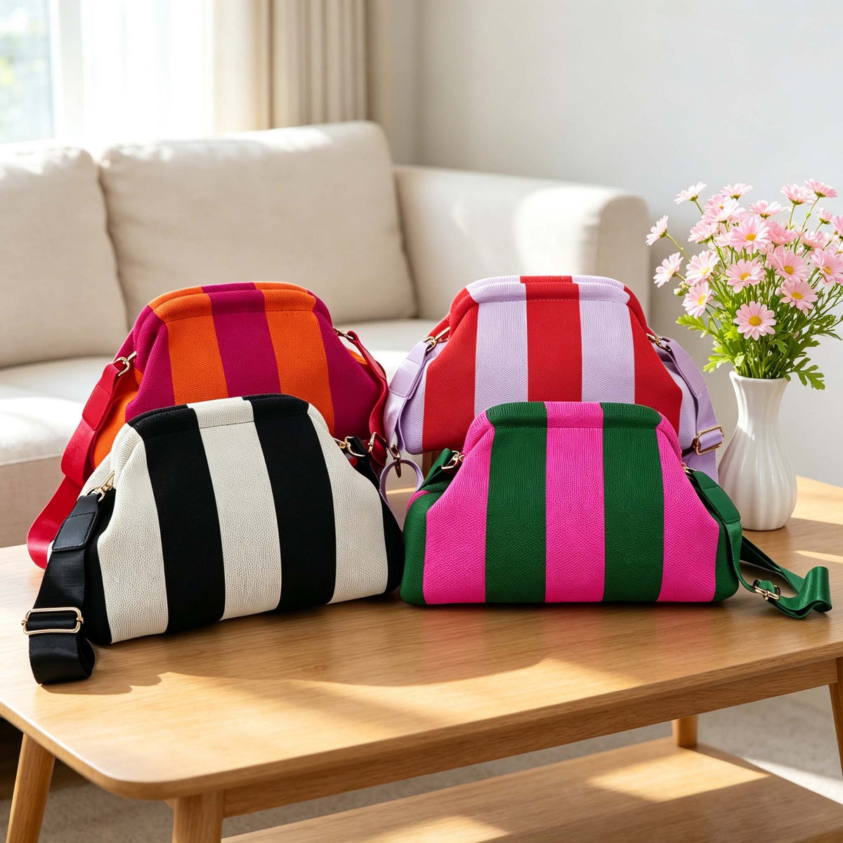 Striped Kiss Lock Adjustable Shoulder Strap Crossbody Bag