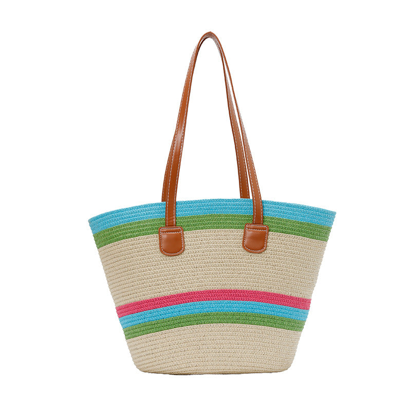 Color-Block Striped Large Capacity Straw Beach Tote