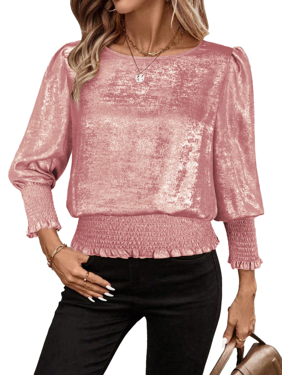 Round Neck Hot Stamping Hem Elastic Mid-Sleeve Top