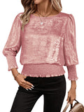 Round Neck Hot Stamping Hem Elastic Mid-Sleeve Top