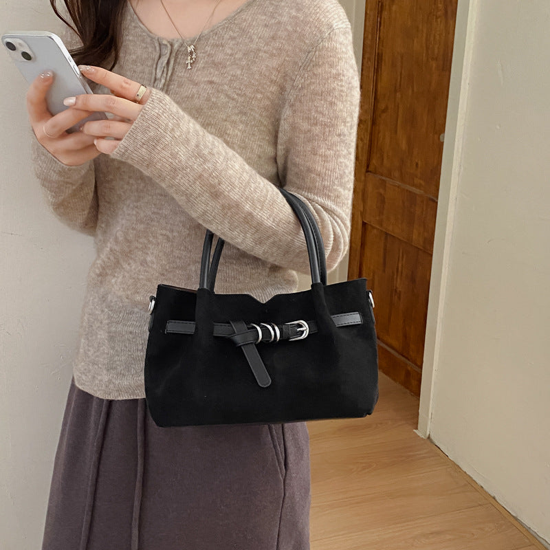Elegant Suede Mini Handbag with Buckle Detail