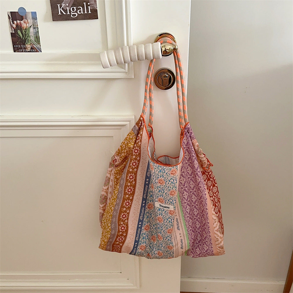 Korean Large Capacity Drawstring Floral Tote Bag