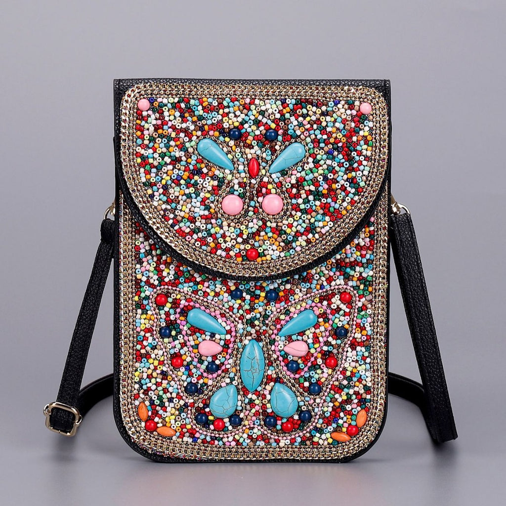 Women Ethnic Style Beaded Crossbody Bag, Handmade Turquoise Red Phone Bag